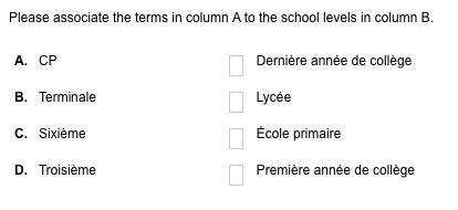 Please associate the terms in column A to the school levels in column B.-example-1