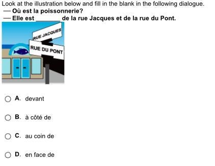 Où est la poissonnerie? Elle est _______ de la rue Jacques et de la rue du Pont.-example-1