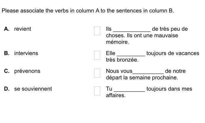 Please associate the verbs in column A to the sentences in column B.-example-1