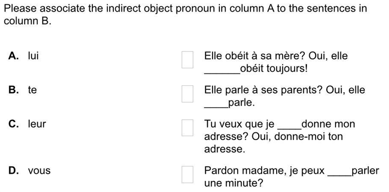 Please associate the indirect object pronoun in column A to the sentences in column-example-1