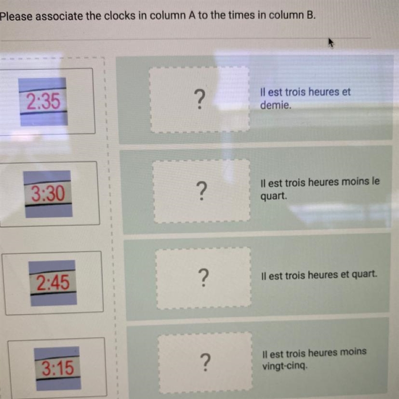 Please associate the clocks in column A to the times in column B.-example-1