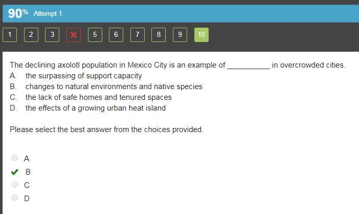 The declining axolotl population in Mexico City is an example of __________ in overcrowded-example-1