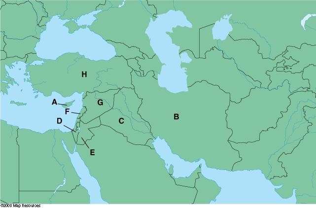 Match the country with the letter that labels it on the map. 1 . Jordan A 2 . Israel-example-1