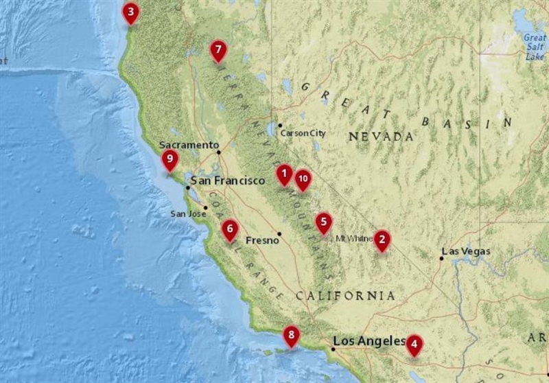 Which five national parks are closest to california border with nevada-example-1