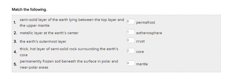 Match the following. 1.crustsemi-solid layer of the earth lying between the top layer-example-1