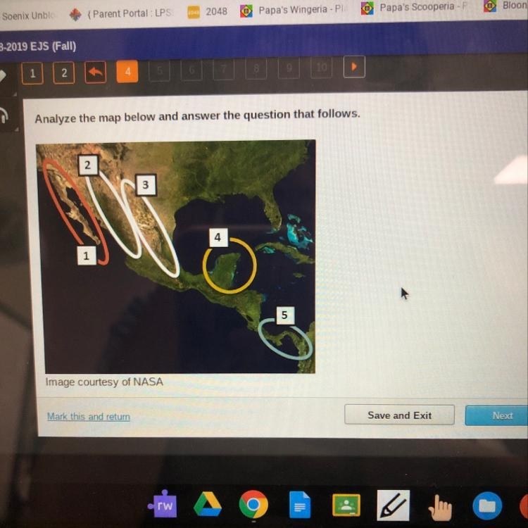 The Isthmus of Panama is located at number ____ on the map above. A. 1 B. 2 C. 4 D-example-1