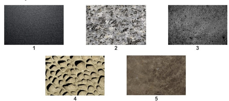 Look at the images of different rocks. Which rocks have a fine-grained texture? Check-example-1