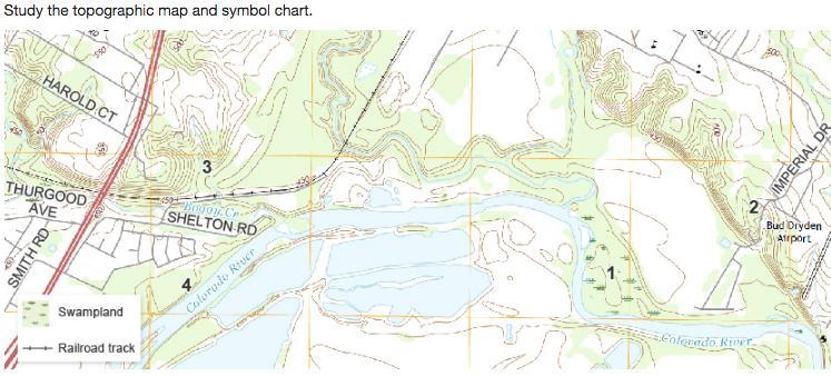 Study the topographic map and symbol chart. At which point is swampland located? 1 2 3 4-example-1