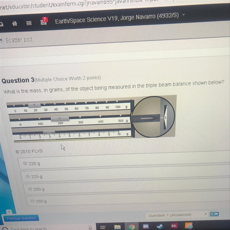 What is the mass, in grams, of the object being measured in the triple beam balance-example-1