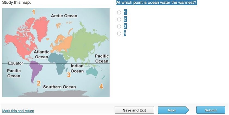 At which point is ocean water the warmest? 1 2 3 4 (I picked geography cuz i didint-example-1