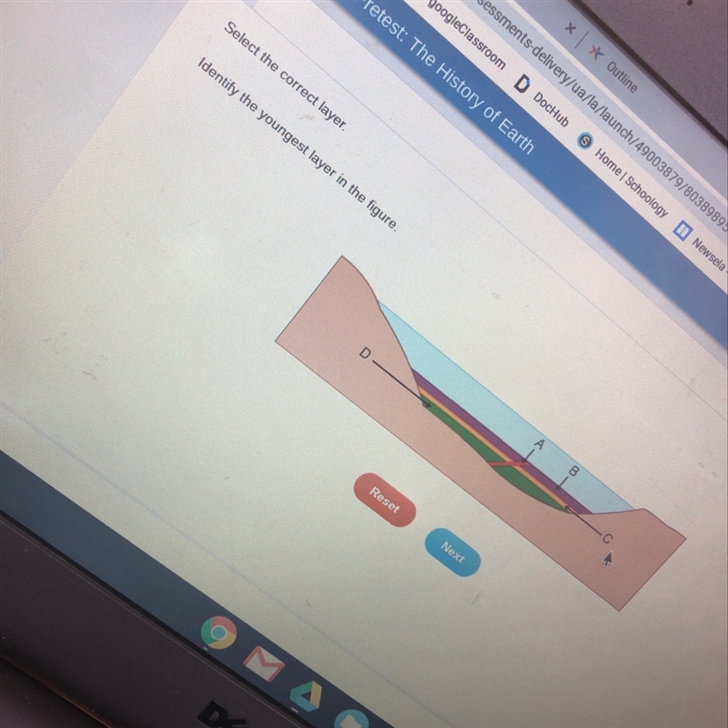 Identify the youngest layer in the figure ( have to click one letter)-example-1