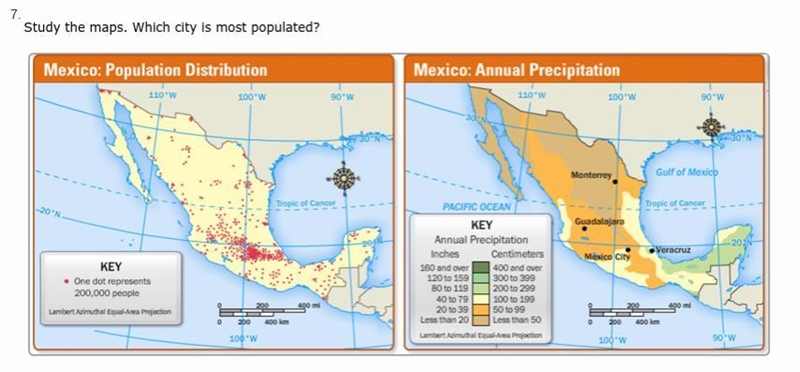 Study the maps. Which city is most populated? A. Mexico City S. Guadalajara D. Veracruz-example-1