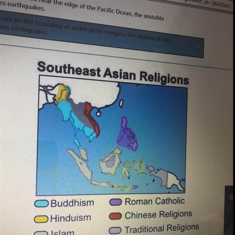 Using the map, which term BEST explains the spread of many religions throughout Southeast-example-1