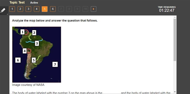 The body of water labeled with the number 3 on the map above is the __________, and-example-1