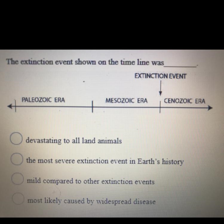 The extinction event shown on the timeline was _____. A. Devastating to all land animals-example-1