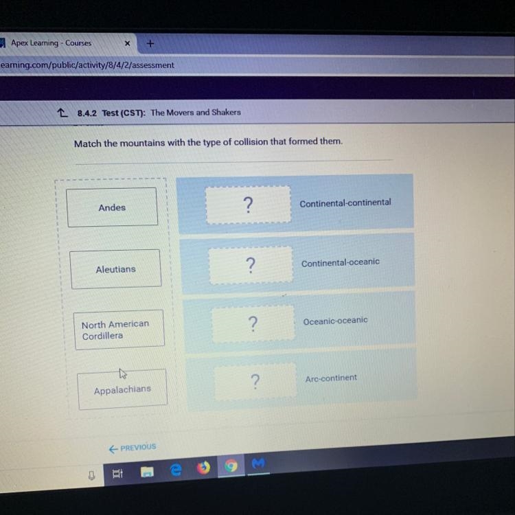 Match the mountains with the type of collision that formed them. A. Andes B. Aleutians-example-1
