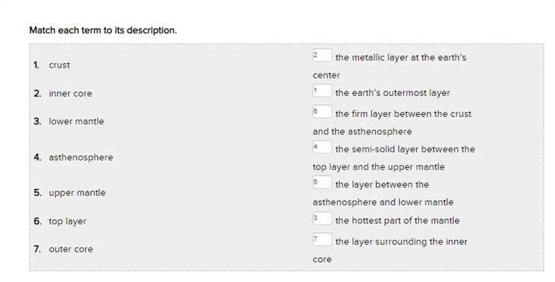 1. crust 1 the metallic layer at the earth's center 2. inner core 3 the firm layer-example-1