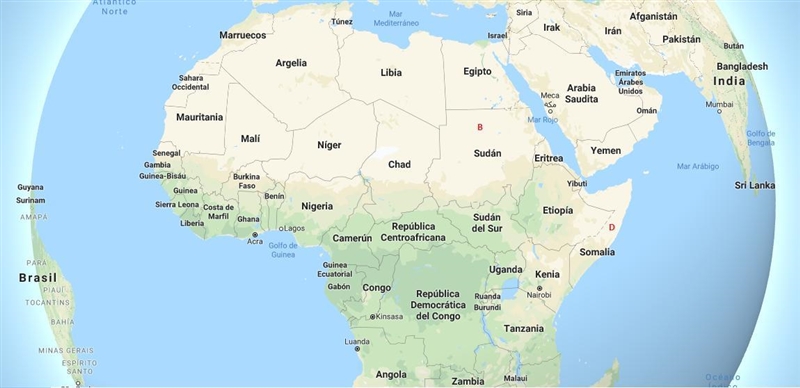 On the map above, Somalia is located at letter _____, and Sudan is located at letter-example-2