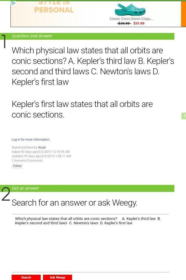 Which physical law states that all orbits are conic sections?-example-1