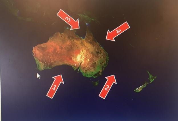 Which body of water is arrow four (4) pointing to on the map above? A. the Coral Sea-example-1