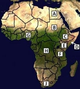 On the map above, Somalia is located at letter _____, and Sudan is located at letter-example-1