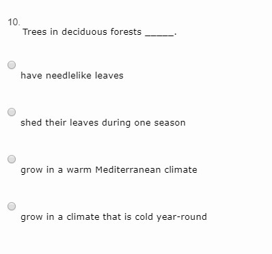 Trees in deciduous forests _____. have needlelike leaves shed their leaves during-example-1