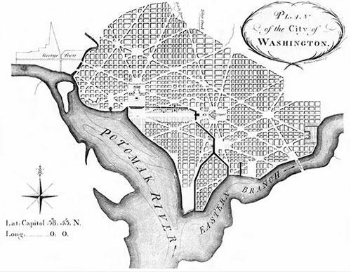 This map (down below in black and white), from 1792, is a plan for the city of Washington-example-1