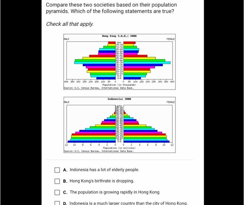 Compare these two societies based on their population pyramids. Which of the following-example-1