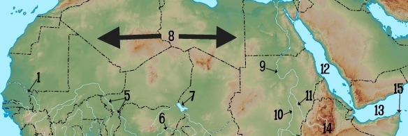 Which number on this map represents the Nile River? A. 1 B. 5 C. 6 D. 9-example-1