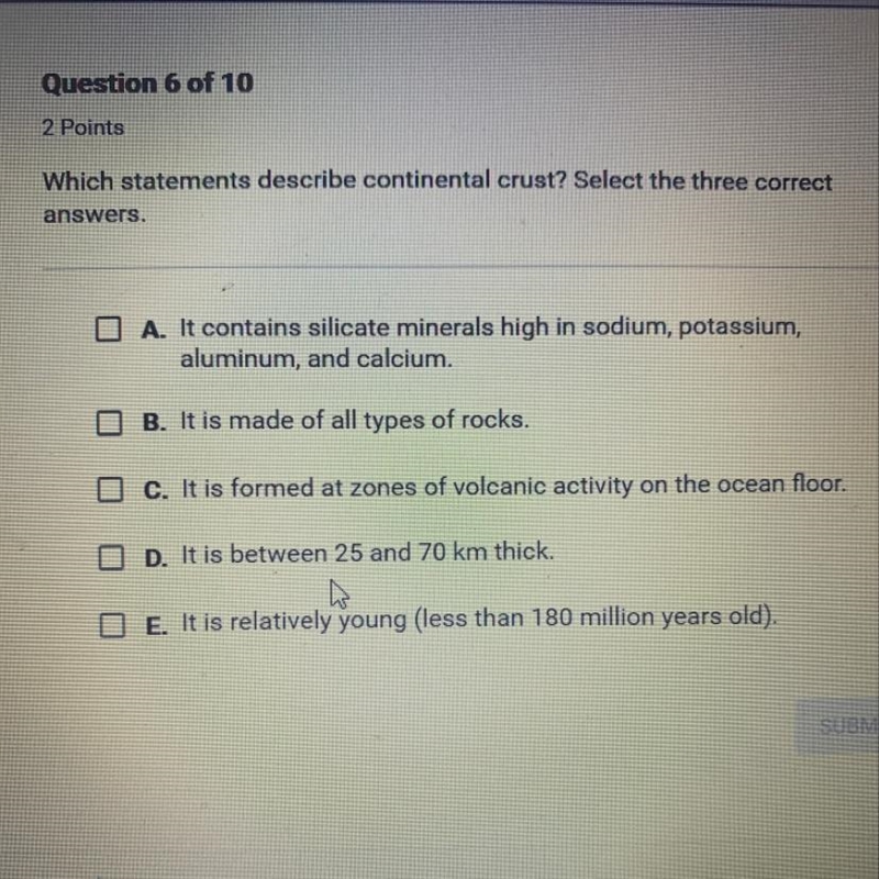 Which statements describe continental crust? Select the three correct answers.-example-1