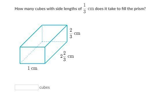 How many cubes with side lengths of 1/3 cm does it take to fill the prism?-example-1