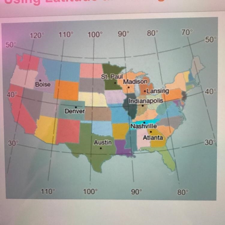 What city is located at approximately 45° north latitude and 85° west longitude? Boise-example-1