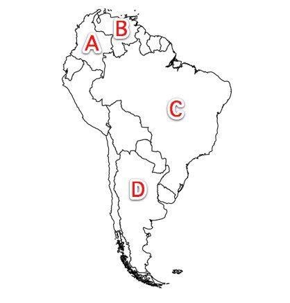 Which letter locates the country of Colombia? A) B) C) D)-example-1