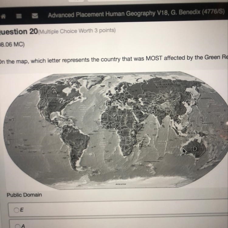 On the map, which letter represents the country that was MOST affected by the Green-example-1