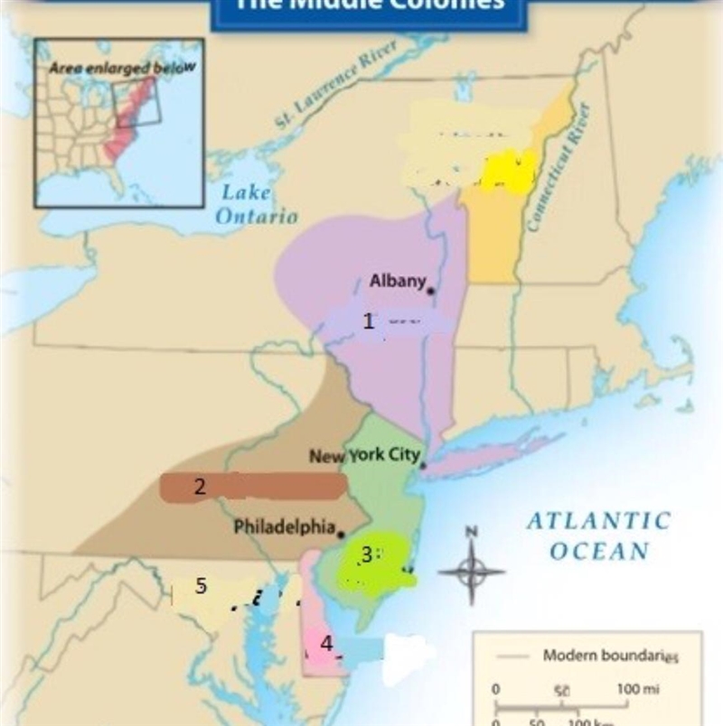 Please match the correct colony to the corresponding number map 1 2 3 4 5 Pennsylvania-example-1