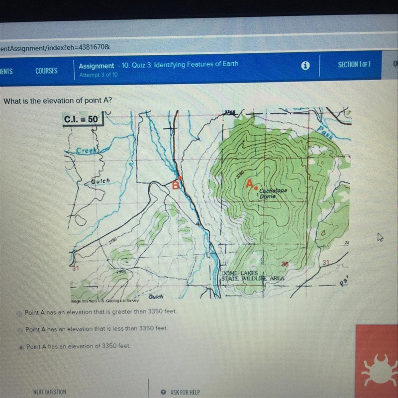 What is the elevation of point A? Point A has an elevation that is greater than 3350 feet-example-1