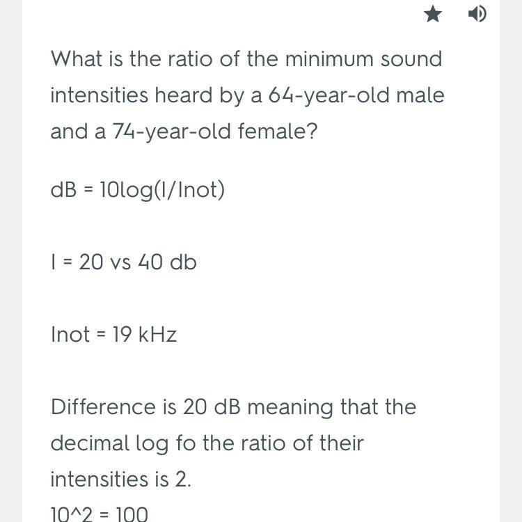 What is the ratio of the minimum sound intensities heard by a 64-year-old male and-example-1