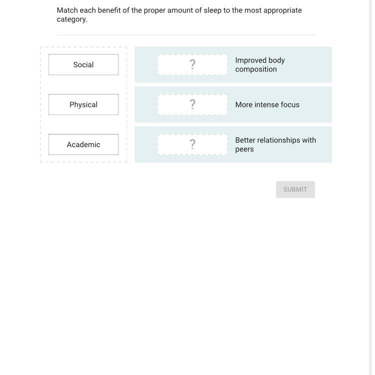 Match each benefit of the proper amount of sleep to the most appropriate category-example-1