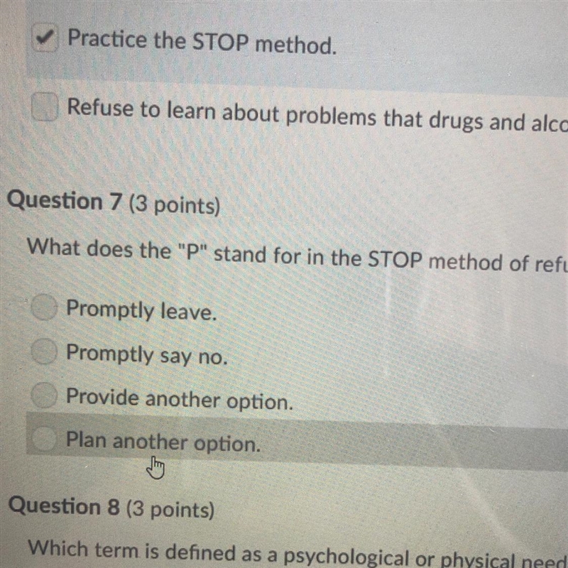 What does the P stand for in the stop method of refusal in drugs? A. Promptly say-example-1