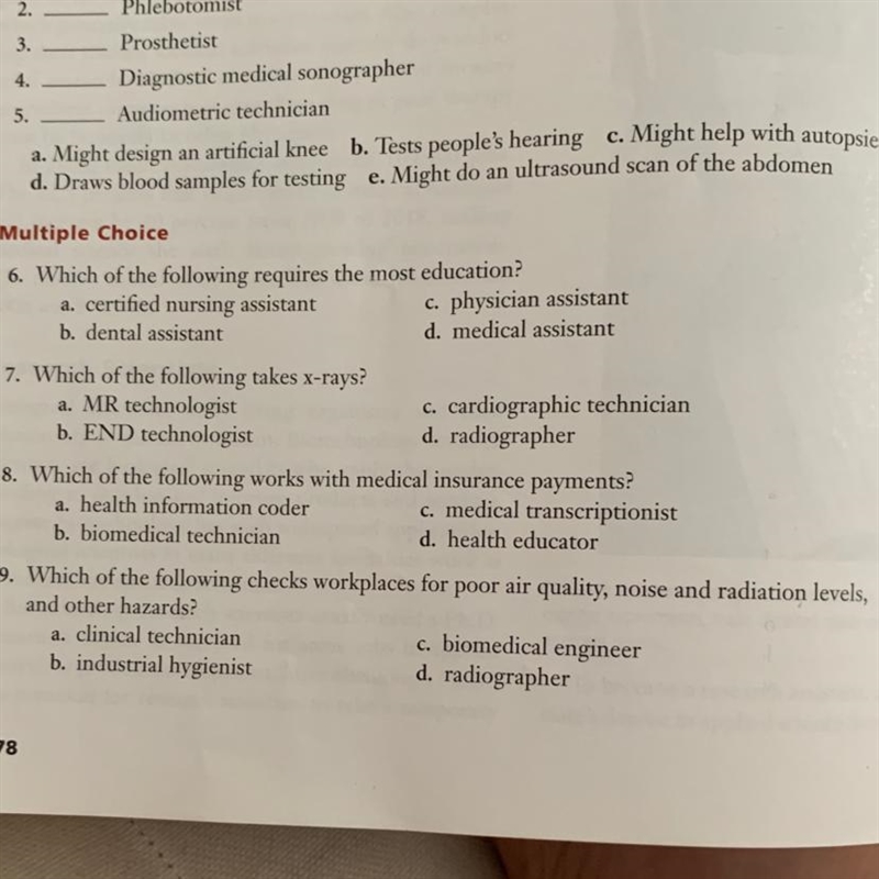 I need the answer to these 4 multiple choice questions from my health occupation 65 course-example-1