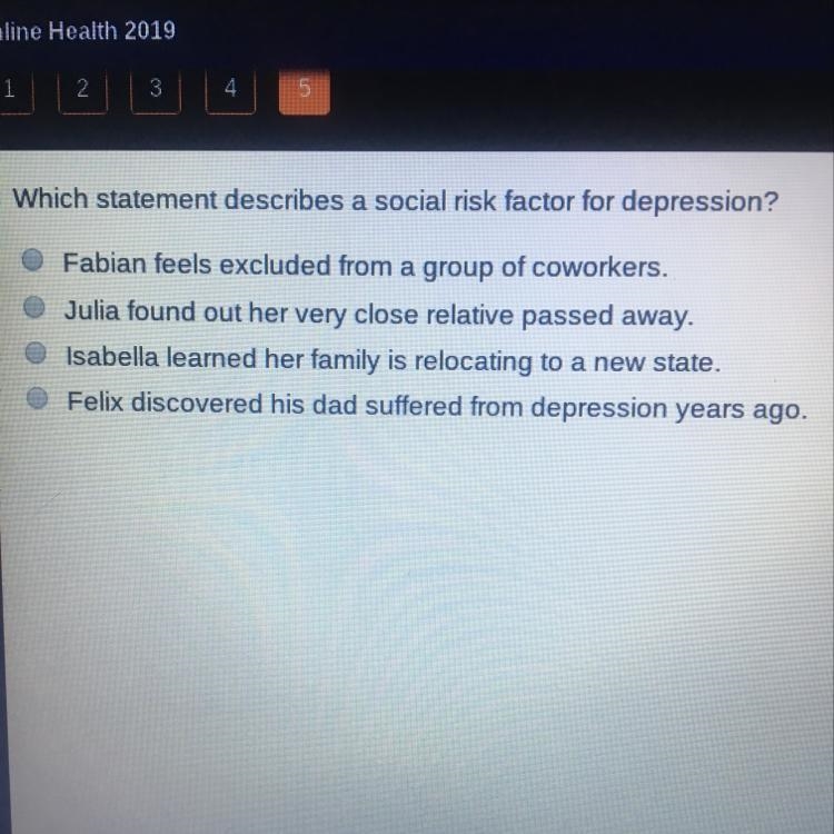 Which statement describes a social risk factor for depression-example-1