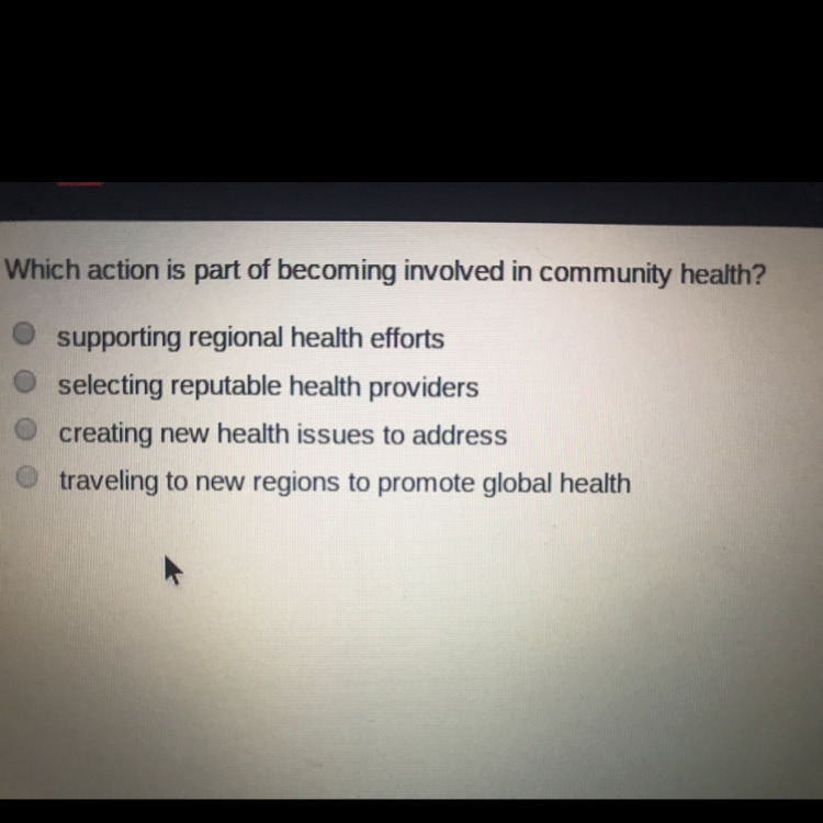 Which action is part of becoming involved in community health? HELP-example-1