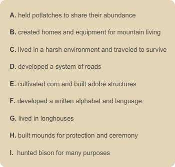 Which description matches the Native American culture given? Enter the letter of the-example-1