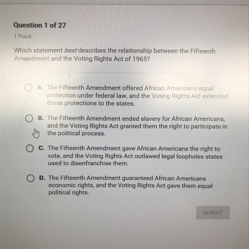 HELP ASAP Which statement best describes the relationship between the Fifteenth Amendment-example-1