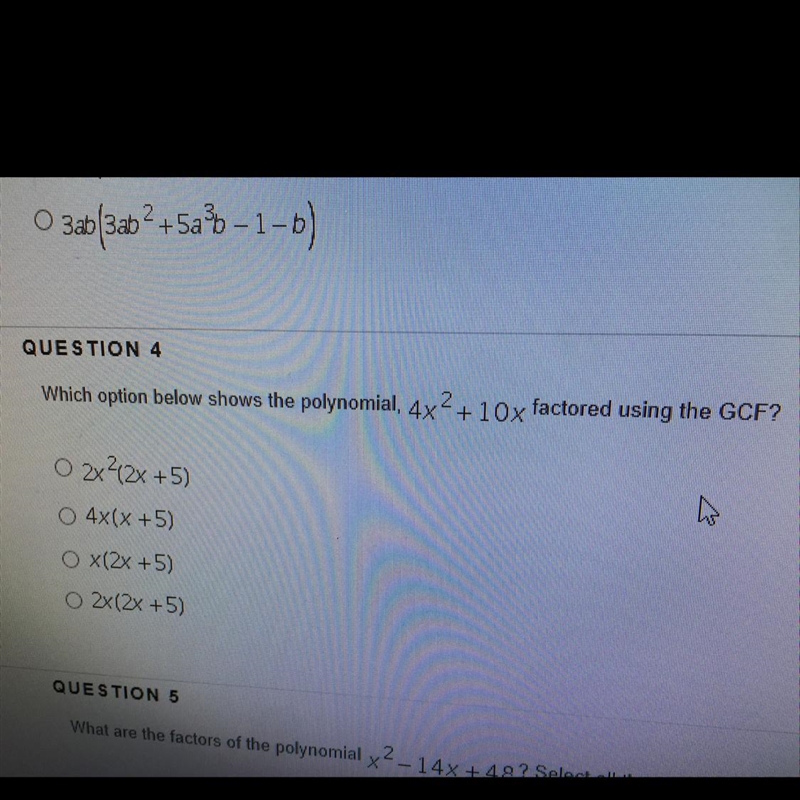 Which option below shows the polynomial 4x2 + 10 x factored using the GCF ?-example-1