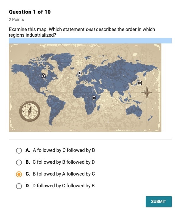 Examine this map. Which statement best describes the order in which regions industrialized-example-1