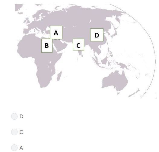 Which letter on the map shows the place where Buddhism began. Please help asap-example-1