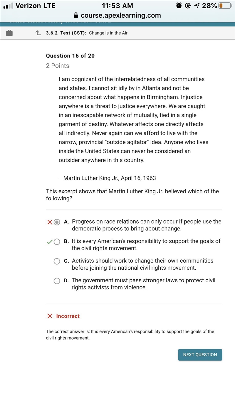 This excerpt shows that Martin Luther King Jr. believed which of the following? A-example-1