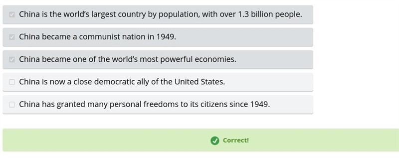 Which three statements accurately describe modern China?China is the world’s largest-example-1