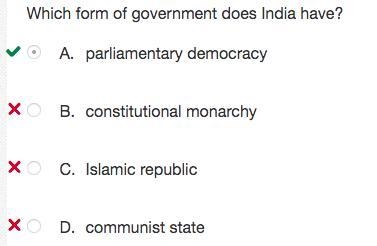 Which form of government does India have? A. parliamentary democracy B. constitutional-example-1